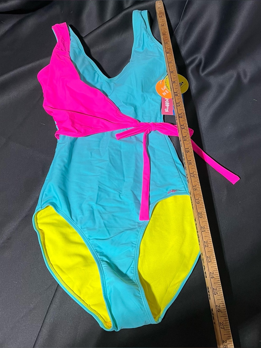 Womens One-Piece Swimsuit in Turquoise with Pink and Yellow Accents